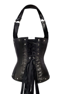 Black Leather Look PU Underbust With Halter Strap