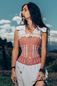 Historically Inspired Terracotta Longline Corset with Lace and Ribbing