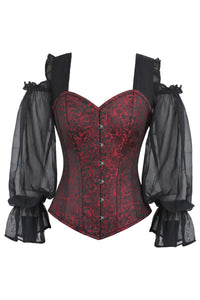 Corset Story BC-015 Red and Black Brocade Corset Top with Long Chiffon Sleeves
