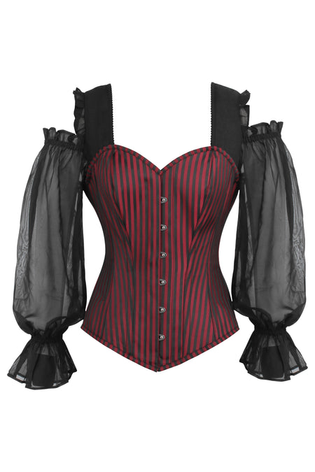 Corset Story BC-021 Long Sleeve Red and Black Striped Overbust Corset with Chiffon Sleeves