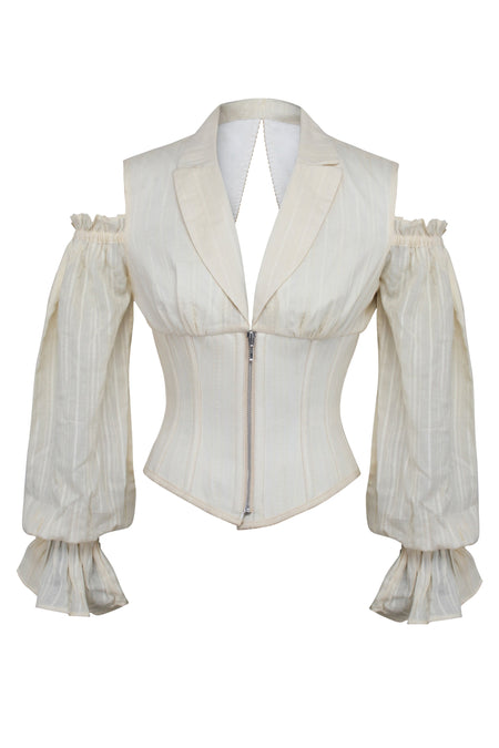 Corset Story BC-066 Ivory Corset Top with Front Zip and Long Sleeves