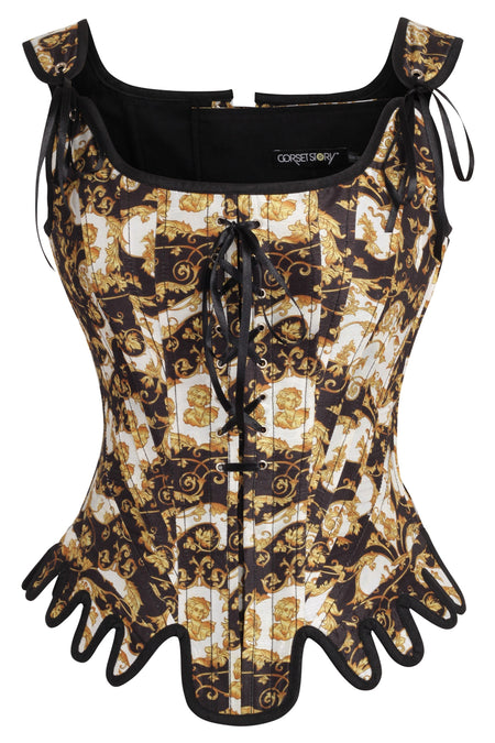Historically Inspired Black and Gold Corset with Roman-Italian Style Print