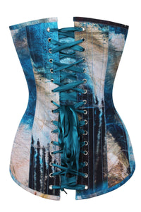 Corset Story MY-604 Abstract Brushed Opal Blue and Sand Longline Overbust Corset
