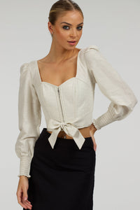 Corset Story SC-051 Blossom Oatmeal Linen Cropped Corset Top with Elasticated Back